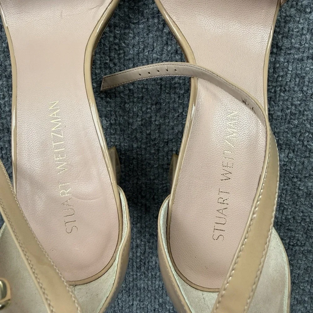 Stuart Weitzman Nude Patent Ankle Strap Block Heel‎ Sandals 9.5M As-Is